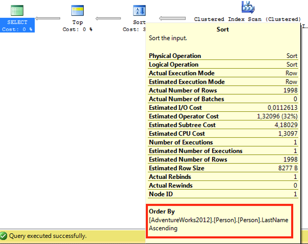 With a TOP 10 PERCENT we have an explicit sort operator in the execution plan