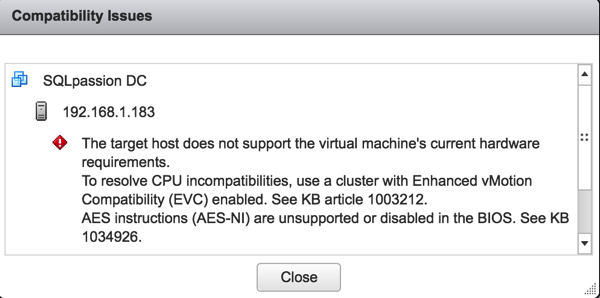 No migration possible, because of CPU incompatibilties