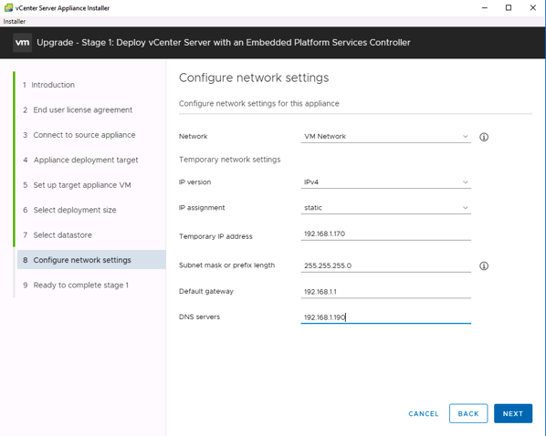 Network Configuration for the new VCSA