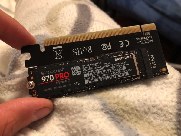 The 1 TB NVMe SSD mounted to a PCIe Adapter