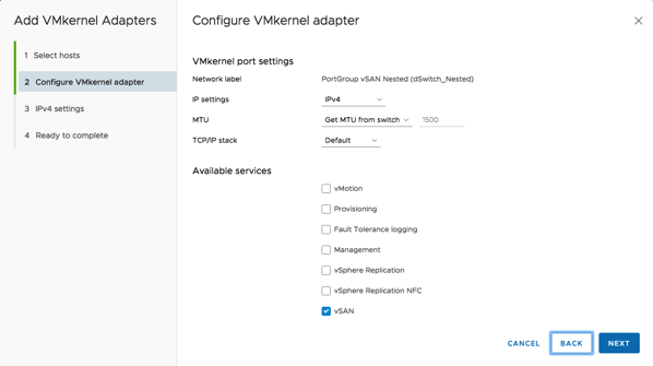 Adding the VMkernel Adapter for vSAN