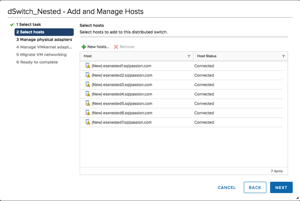 Adding the ESXi Hosts to the Distributed Switch