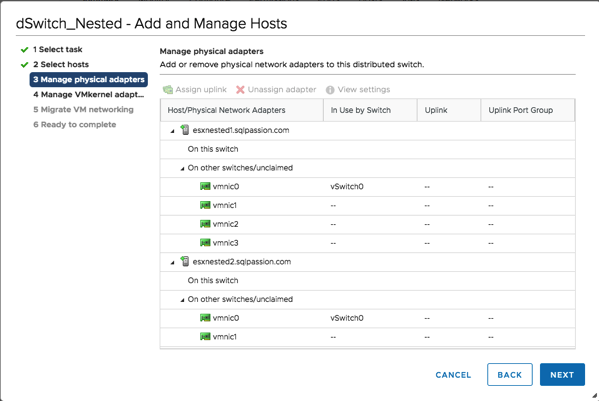 Adding the ESXi Hosts to the Distributed Switch