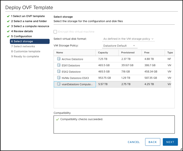 Selecting the Storage of the NSX-T Controller