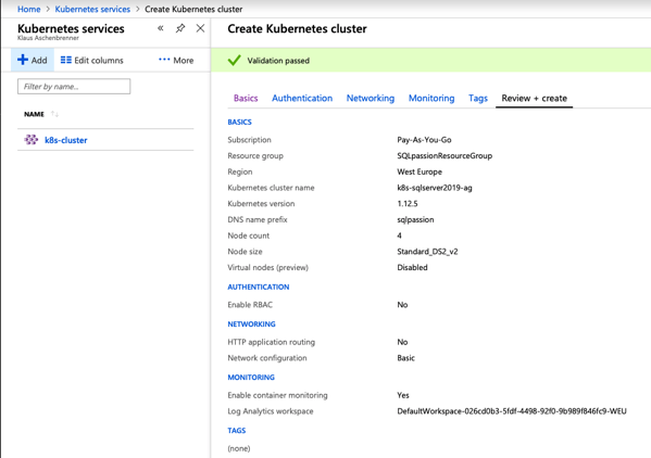 Validation of the new Azure Kubernetes Cluster