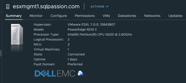 The Dell R210 II Server is running ESXi 7.0