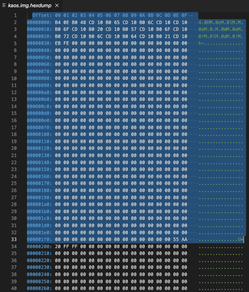 Hex Dump of our first boot sector