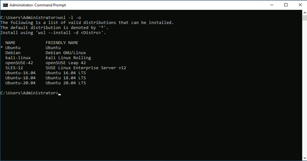 The available Linux Distributions for WSL