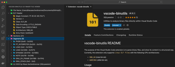 vscode-binutils: Analyzing Binary Files directly within Visual Studio Code