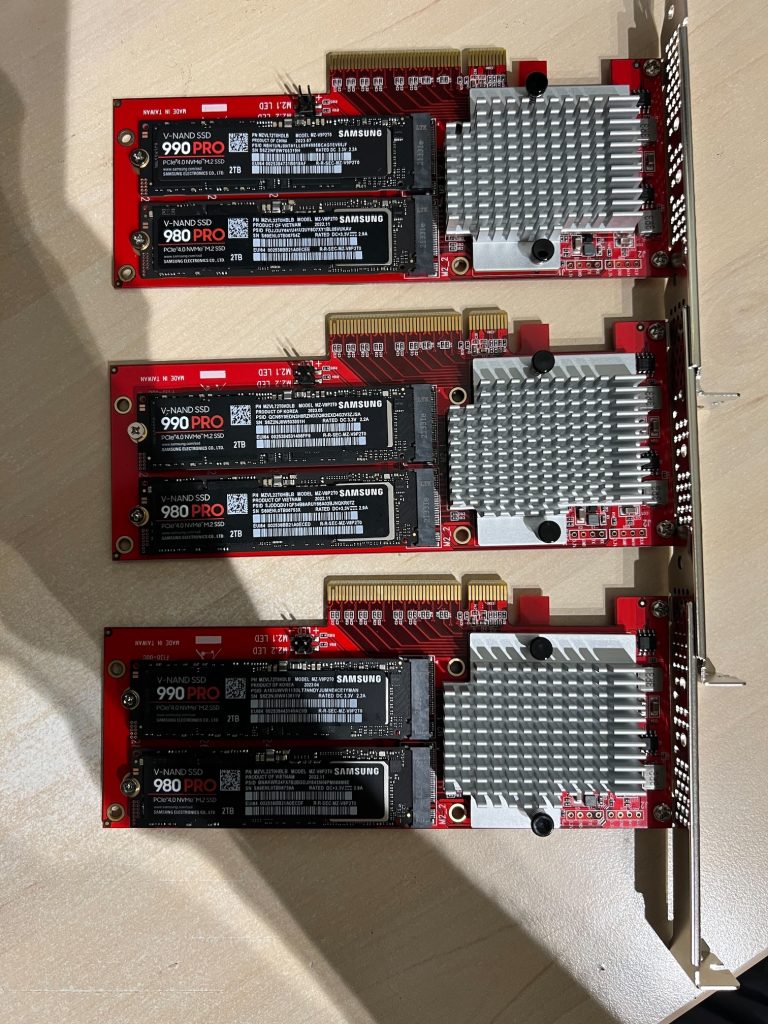 The dual M.2 PCIe SSD adapter equipped with some M.2 SSDs